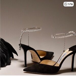 Jimmy Choo Black Suede Heels with Crystal Ankle Strap